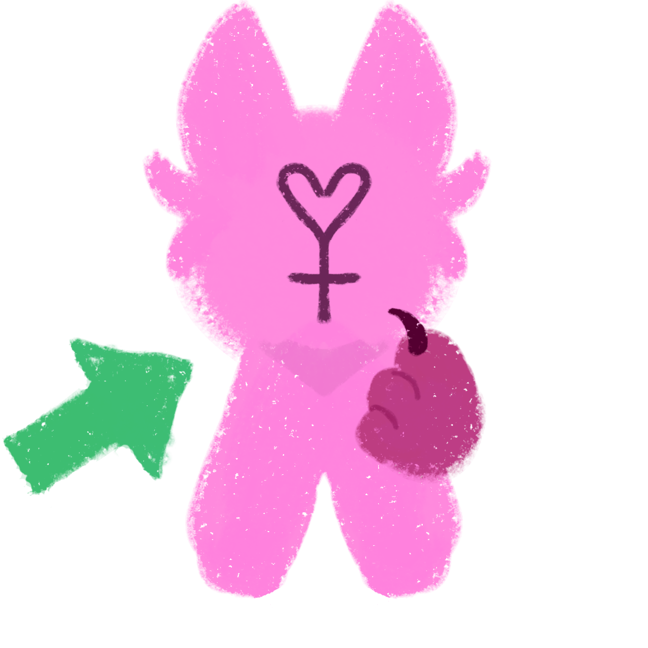  simplified features a pink, rounded figure with large pointed ears resembling a stylized animal or plush toy. A heart-like symbol with a cross underneath, indicating femininity, is drawn on the face. she's holding up a paw pointing to herself, A green arrow points towards the figure, highlighting its significance. and the illustration has a rough, textured appearance.